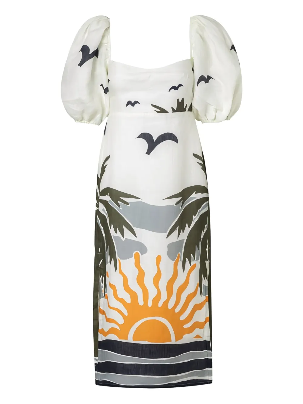 Cala De La Cruz Timbiqui Puff-sleeve Printed Midi Dress In White