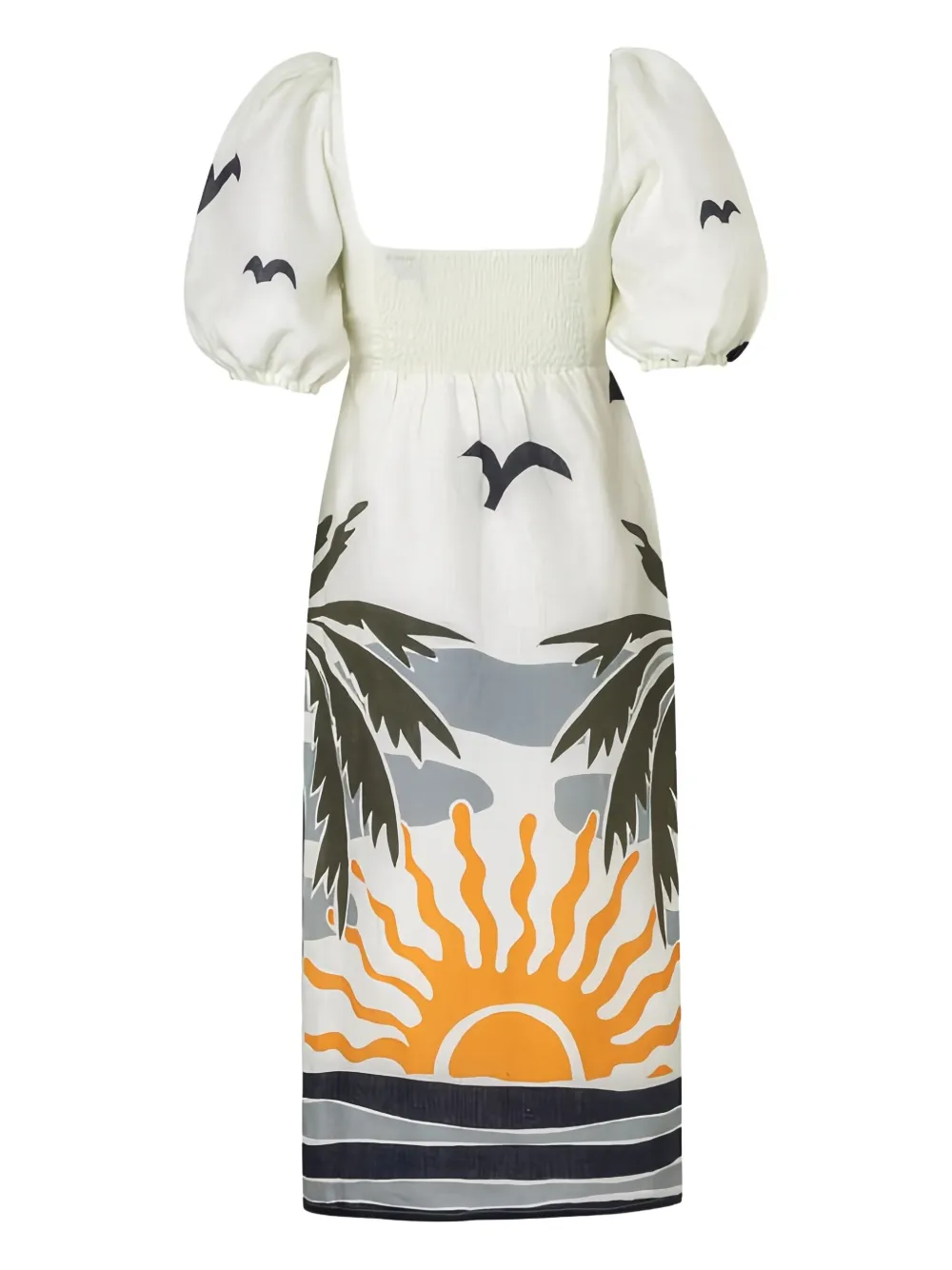 Cala De La Cruz Timbiqui Puff-sleeve Printed Midi Dress In White