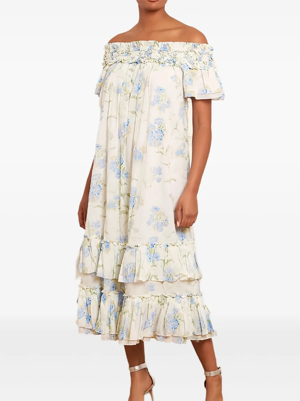 Needle & Thread Midi-jurk met ruches en bloemen - Wit