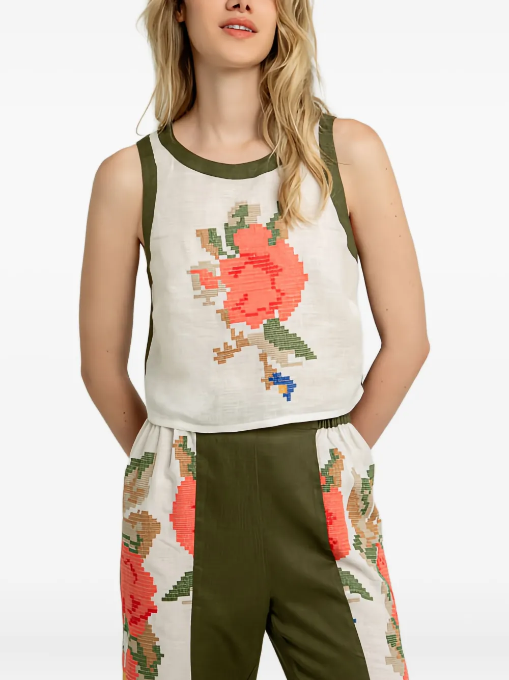 GREEK ARCHAIC KORI Top smanicato con stampa rose - Bianco