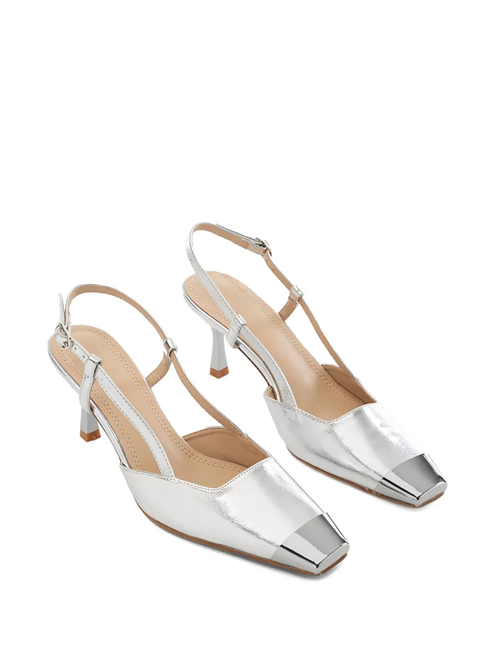 Twenty Four Haitch Square Toe Strap Pumps In Silver