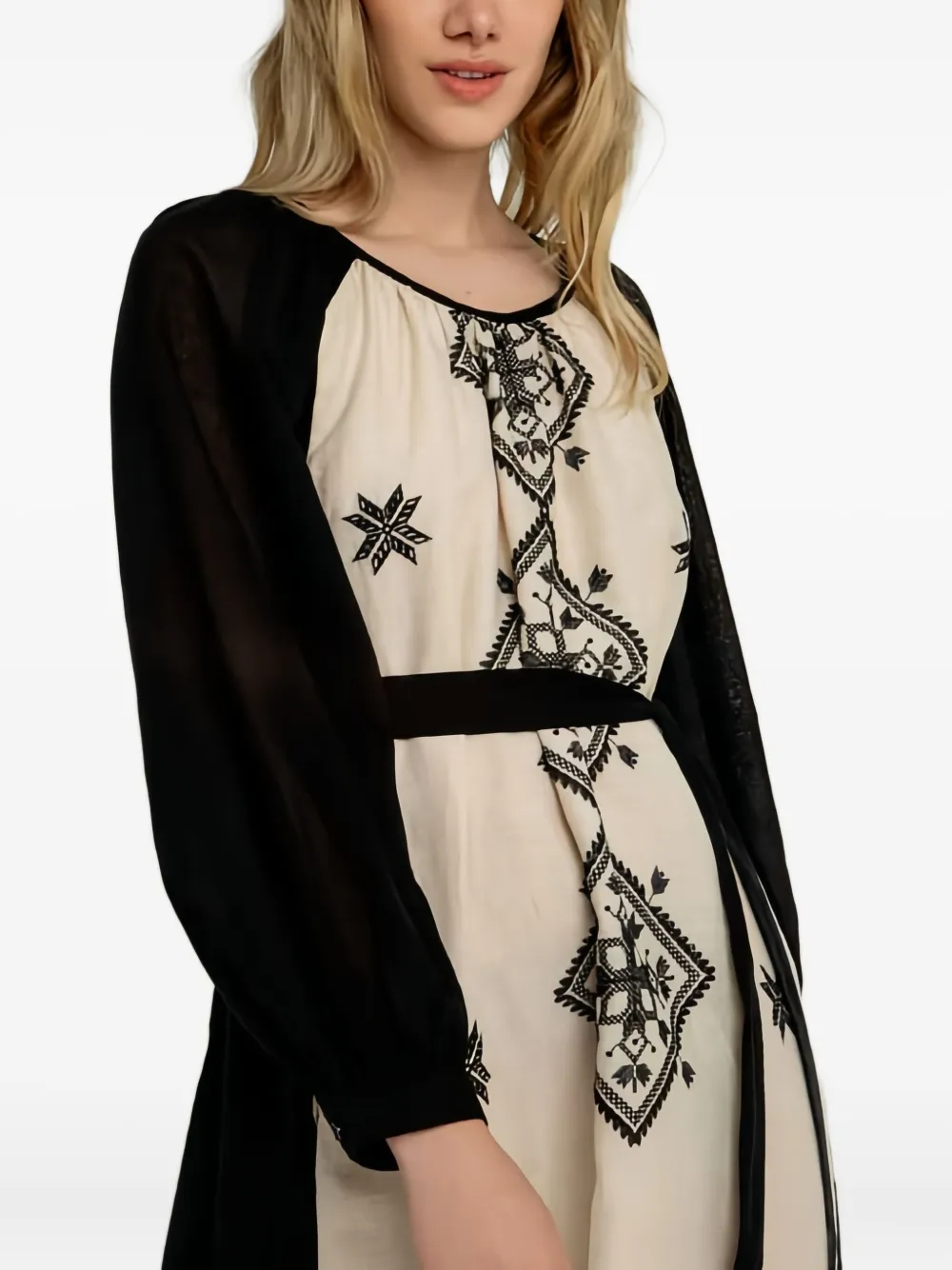 GREEK ARCHAIC KORI Midi-jurk met geometrisch patroon en lange mouwen - Beige
