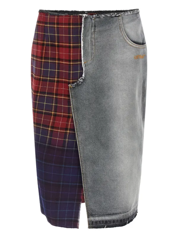 Off-White Patchwork Fringed Midi Skirt in Grey