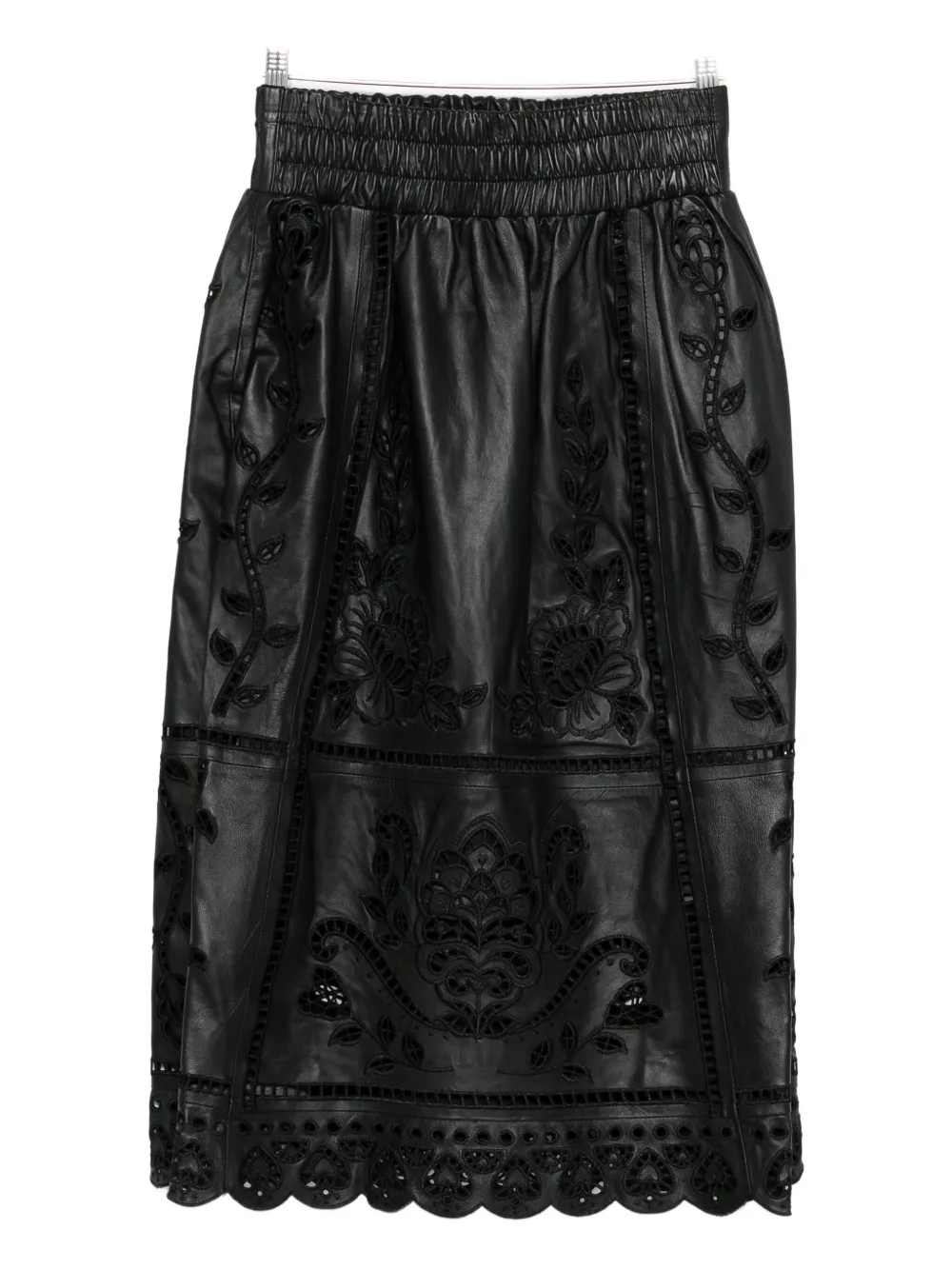 FARM Rio floral-embroidered scalloped skirt - Nero