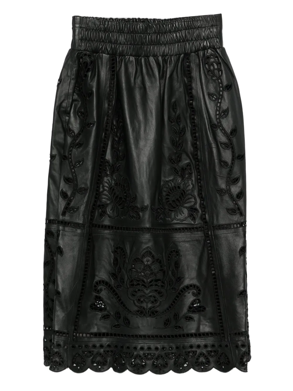 FARM Rio floral-embroidered scalloped skirt - Nero