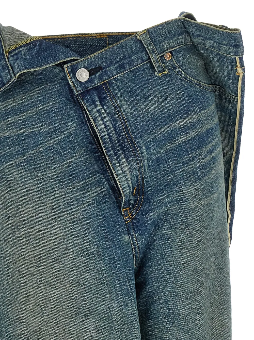 Junya Watanabe Asymmetric Stonewashed Denim Wide Leg Jeans In Blue