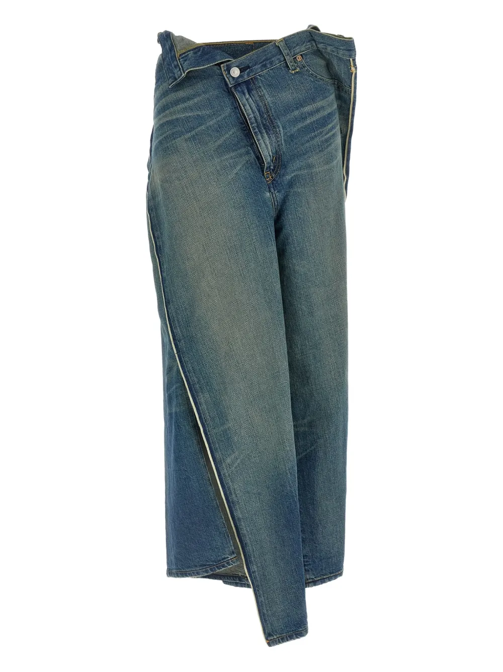 Junya Watanabe Asymmetric Stonewashed Denim Wide Leg Jeans In Blue