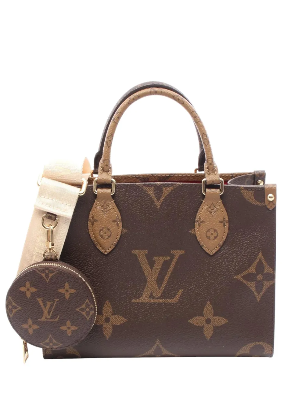 Pre-owned Louis Vuitton 2021-2025 Monogram Reverse Giant Onthego Pm Satchel In Brown