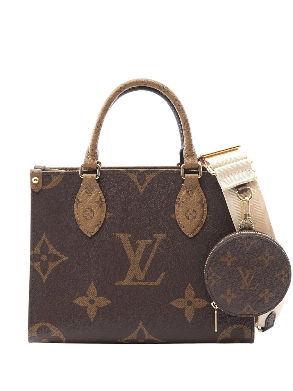 Pre-owned Louis Vuitton 2021-2025 Monogram Reverse Giant Onthego Pm Satchel In Brown