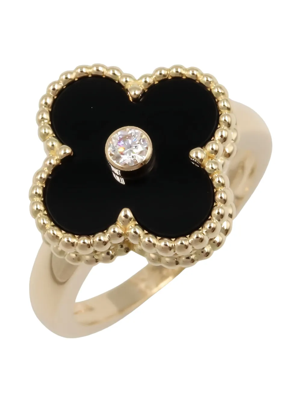 Pre-owned Van Cleef & Arpels 2010s 18k Yellow Gold Alhambra Diamond And Onyx Ring