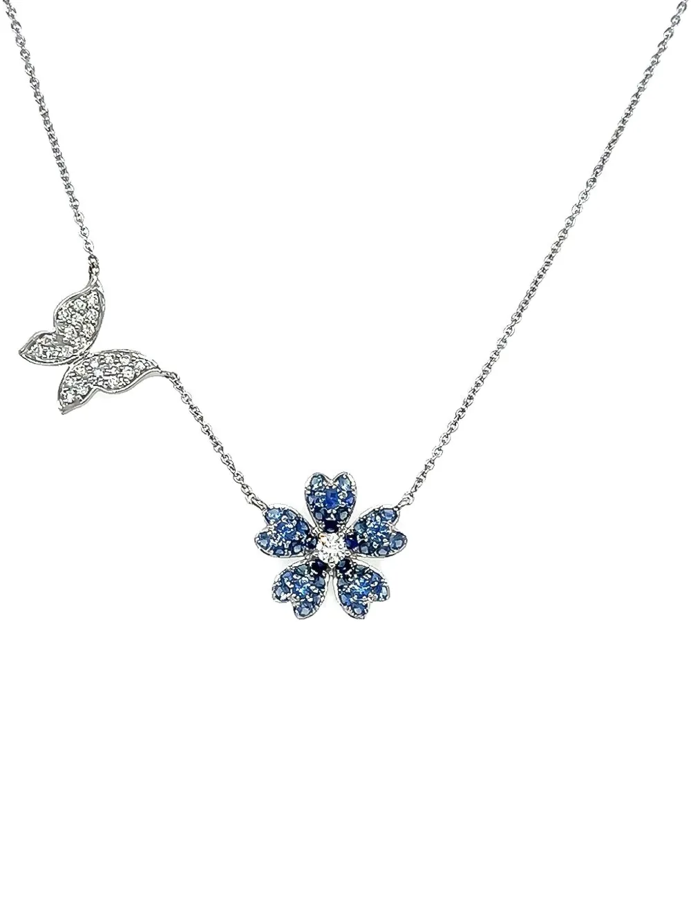 Lisa Nik Collana Flower Butterfly in oro bianco 18 carati con zaffiri e diamanti - Argento