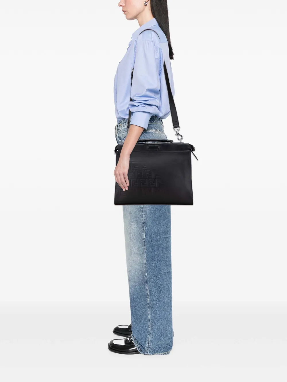 Pre-owned Fendi 2010-2025 Medium Zucca Embossed Leather Peekaboo Iconic Business Bag In Black