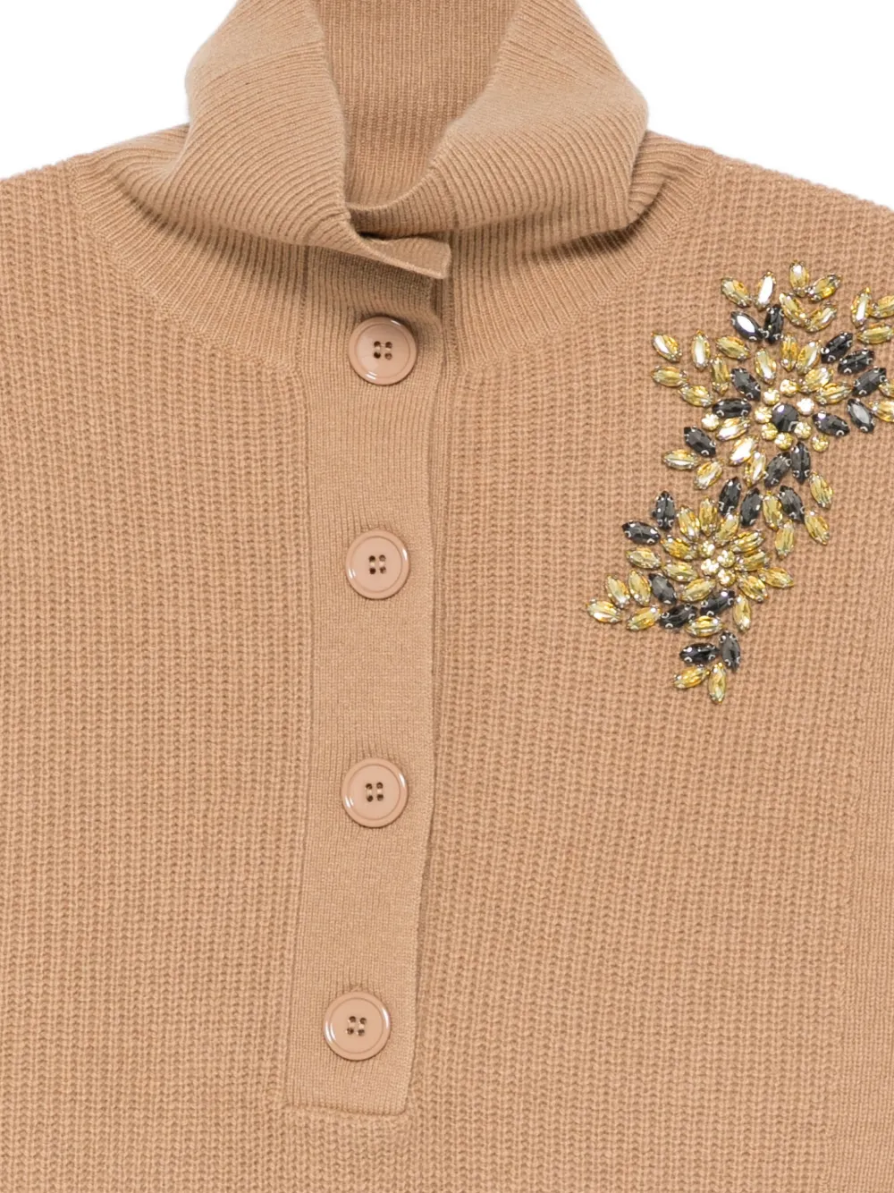 Liu •jo Sleeveless Beige Knit Vest With Embellished Shoulder And High Collar In Brown