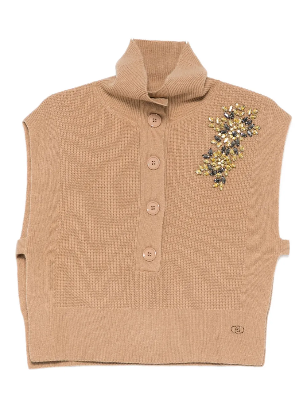 Liu •jo Sleeveless Beige Knit Vest With Embellished Shoulder And High Collar In Brown