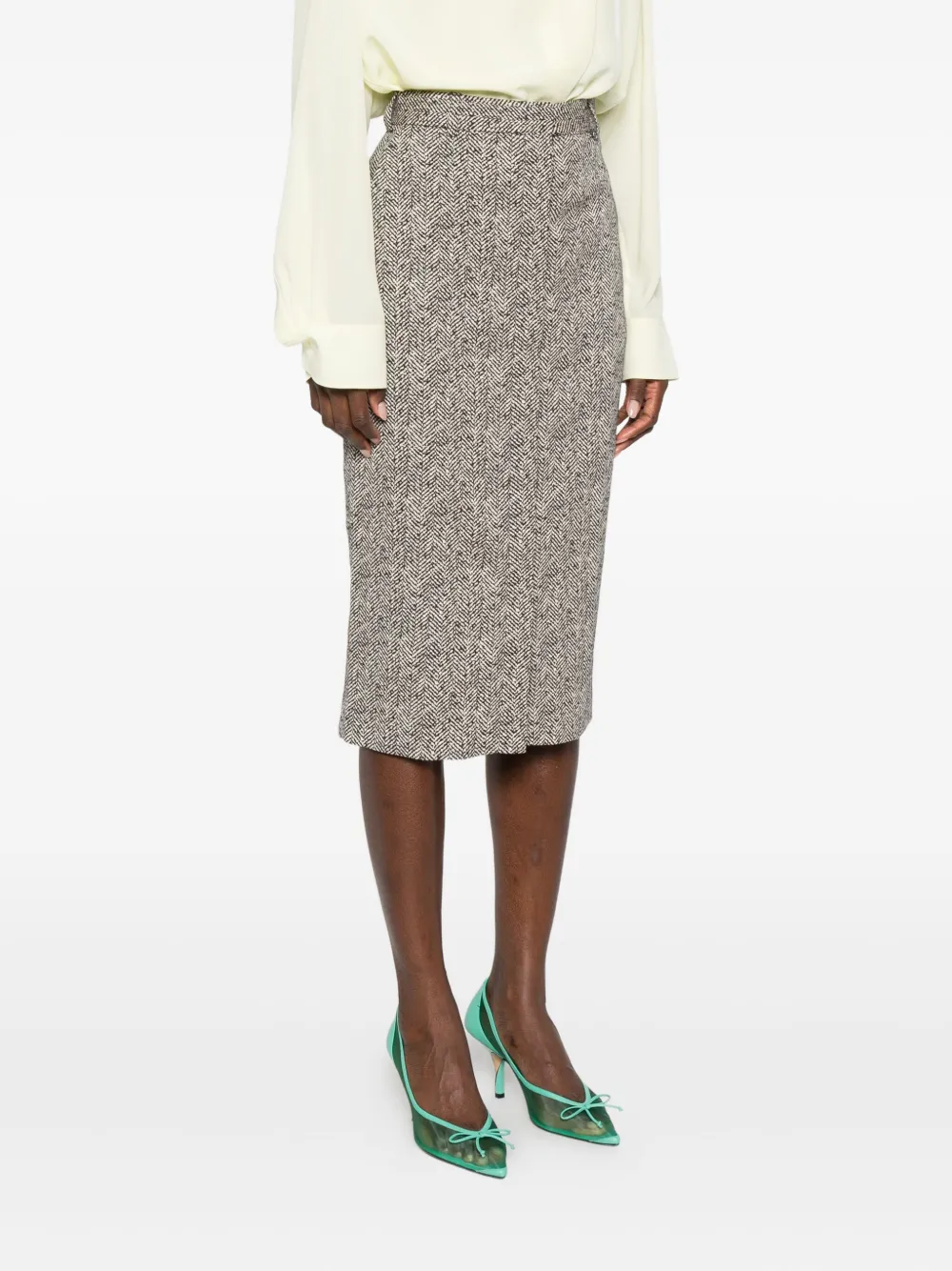 Rochas Herringbone Midi Skirt In Gray