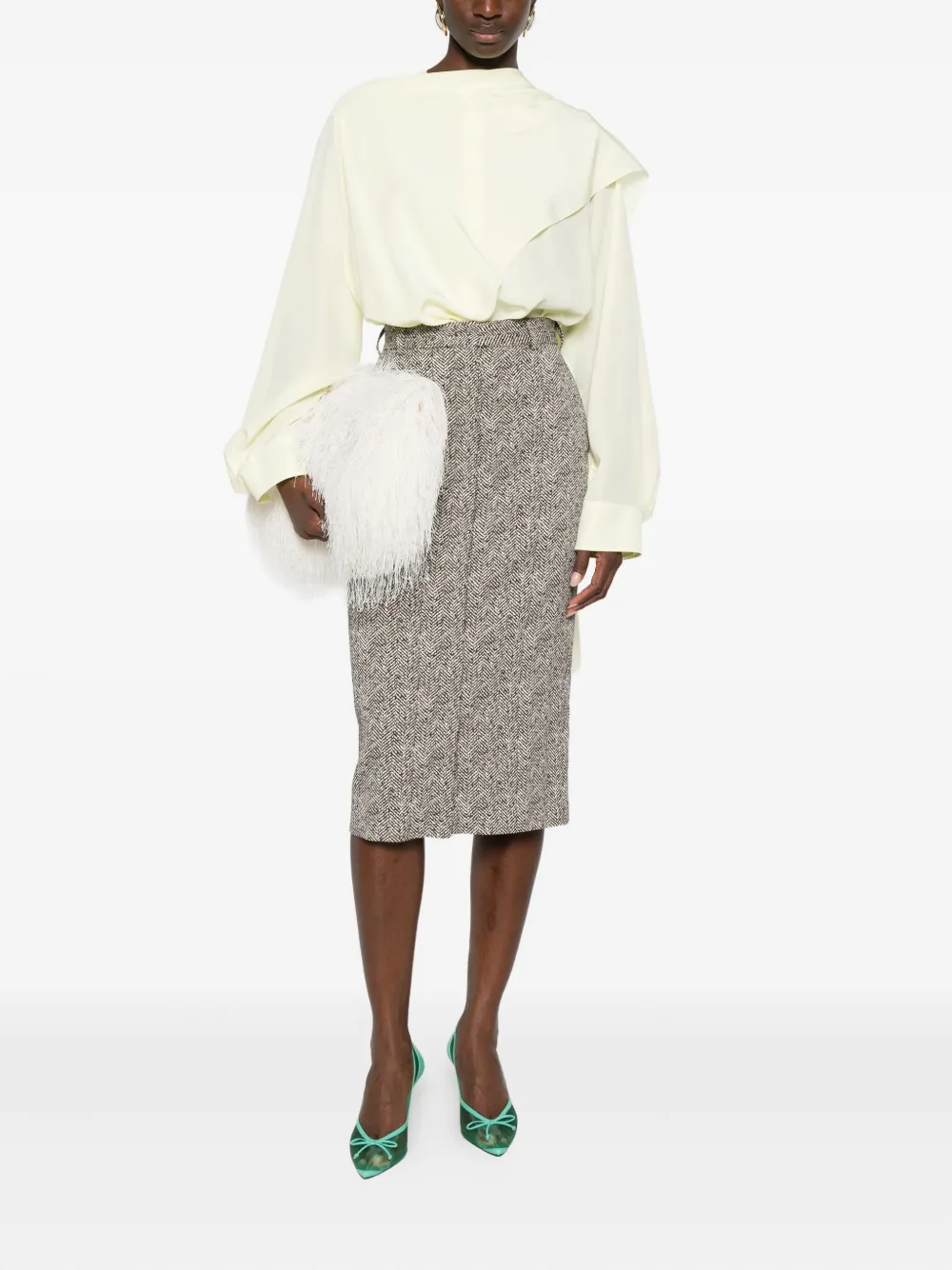 Rochas Herringbone Midi Skirt In Gray