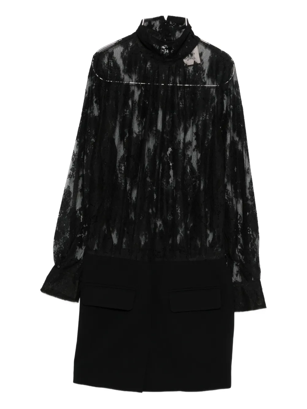 Semicouture Sheer Lace Bodice Mini Dress With Ruffle Cuffs In Black