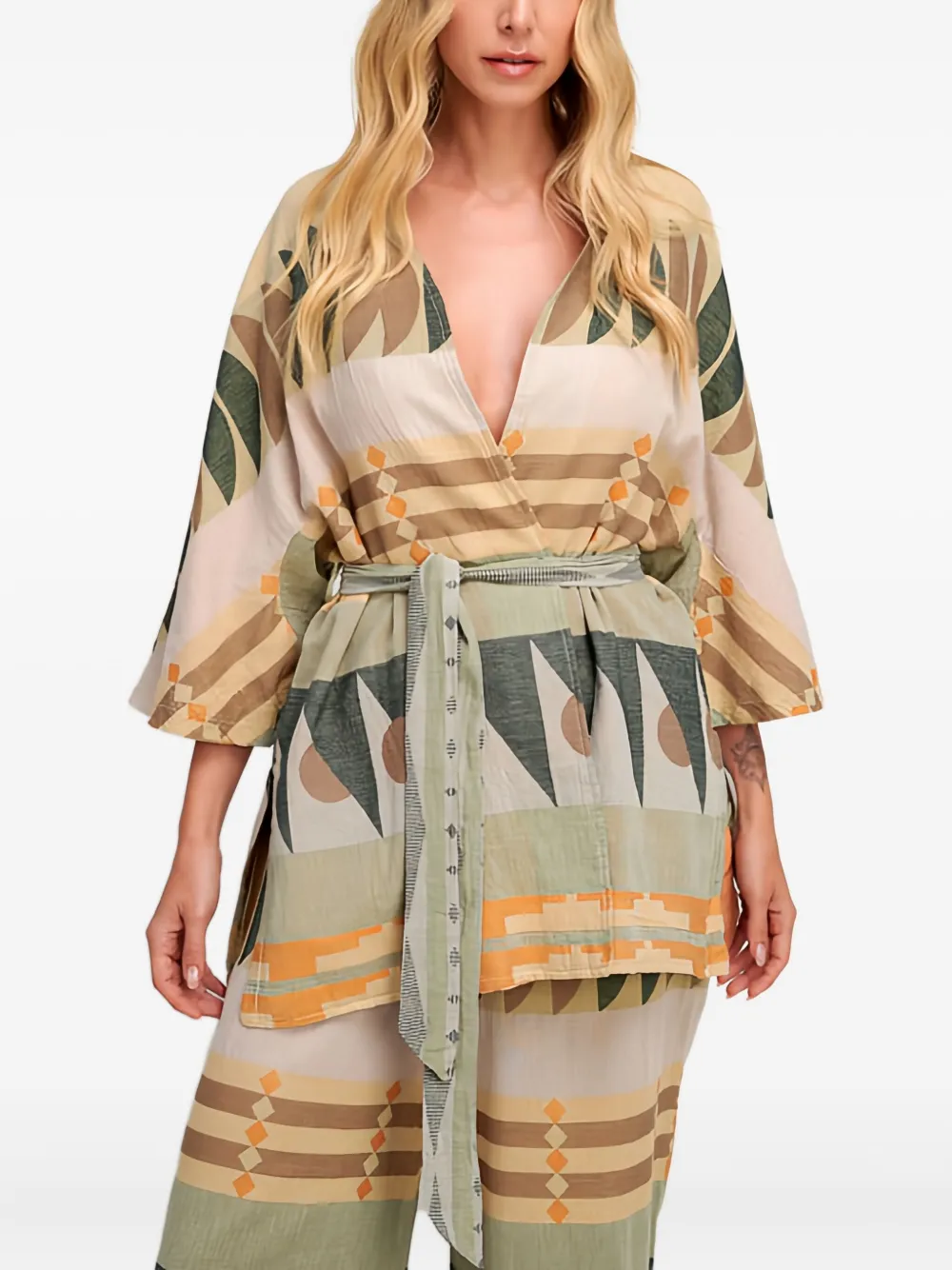 Pearl & Caviar Zakar Geometric-belted Coat In Multi