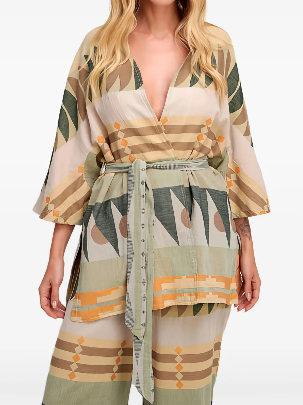 Pearl & Caviar Zakar Geometric-belted Coat In Multi