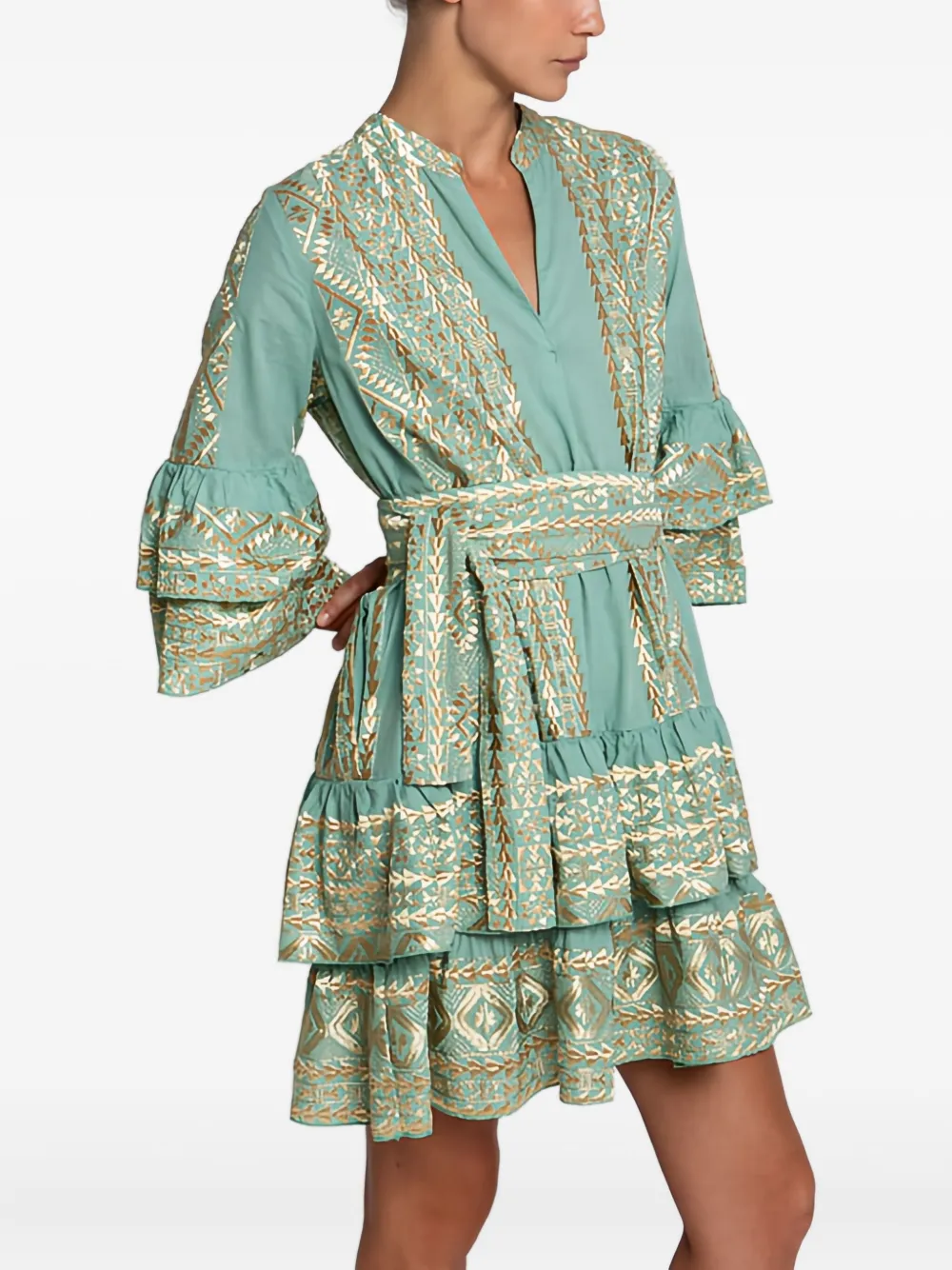 Greek Archaic Kori Ruffled Belted Mini Dress In Multi