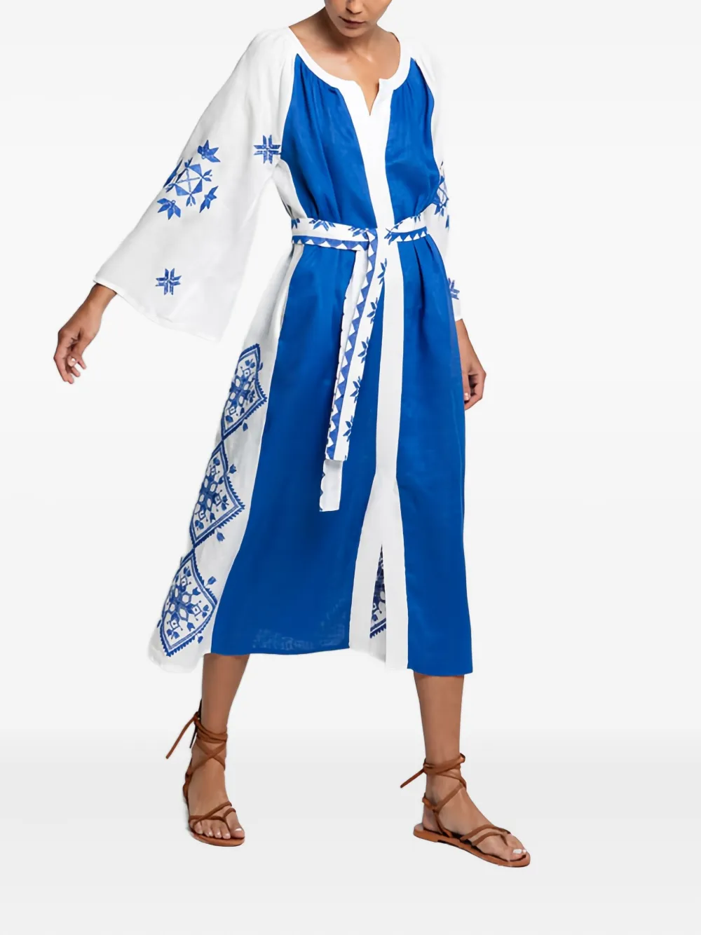 Greek Archaic Kori Lefkada Belted Midi Dress In Blue