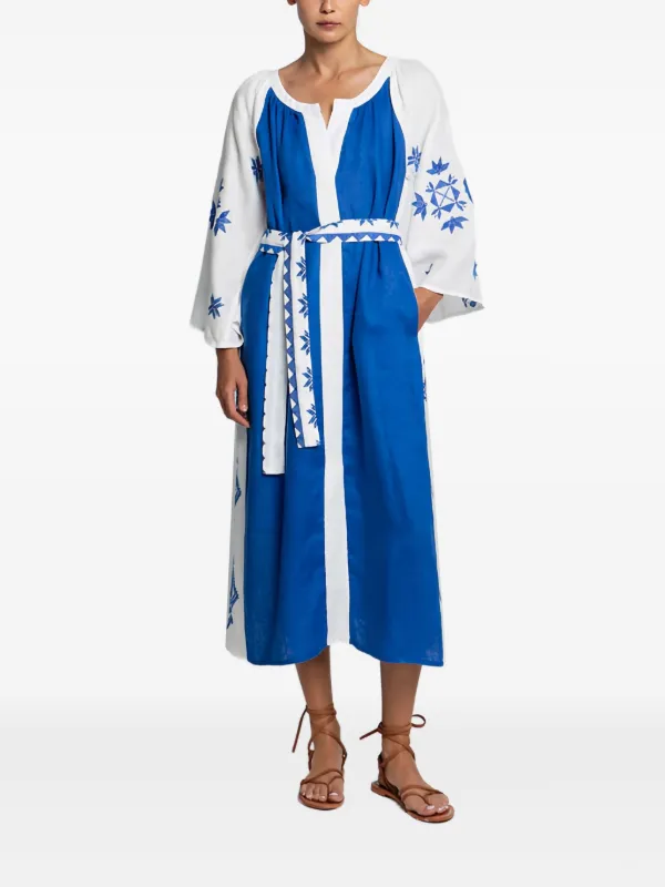 knee length dresses for ladies Greek Archaic Kori, Paisley Ruffle Long Dress with Belt- Indigo/Gold –  Snapdragon Designs main image 1