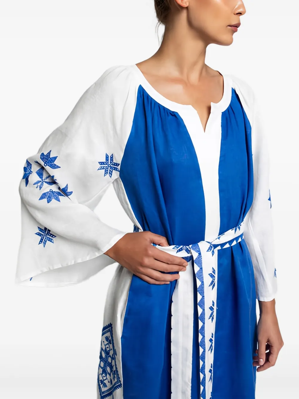 Greek Archaic Kori Lefkada Belted Midi Dress In Blue