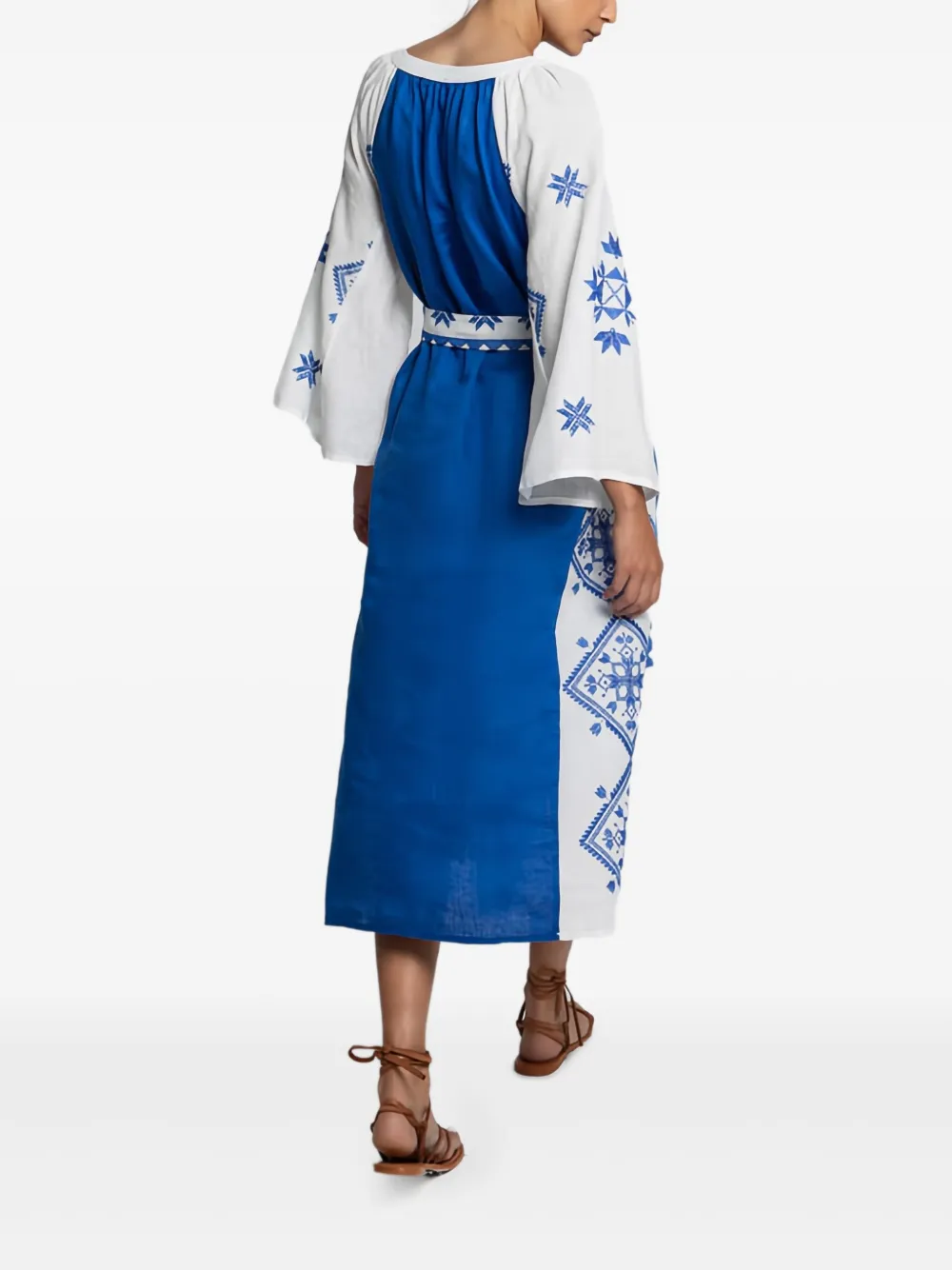 Greek Archaic Kori Lefkada Belted Midi Dress In Blue