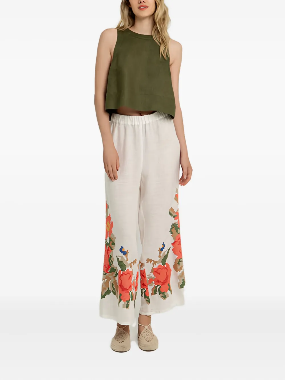 Greek Archaic Kori Elasticated-waist Rose Trousers In White
