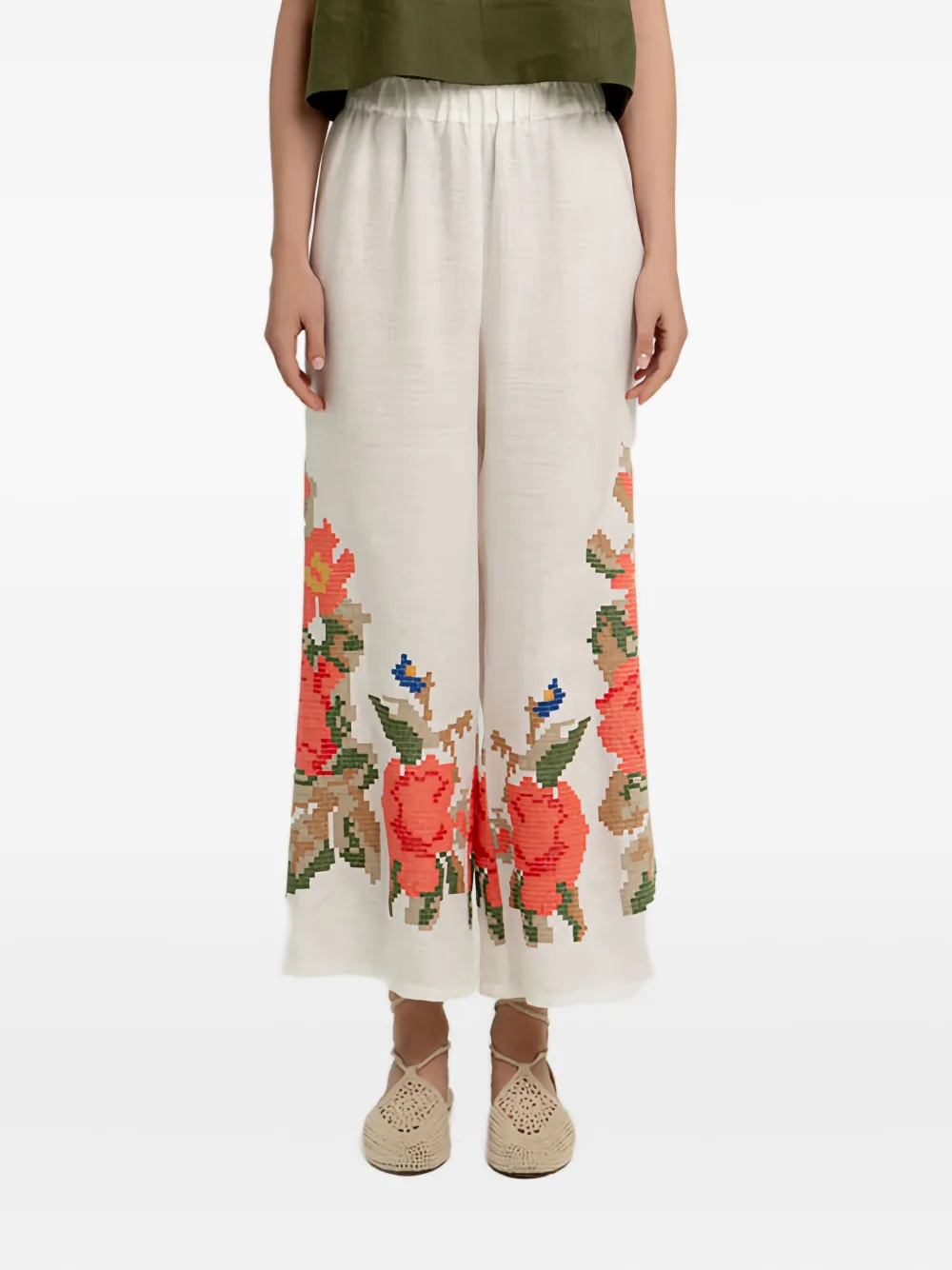 Greek Archaic Kori Elasticated-waist Rose Trousers In White