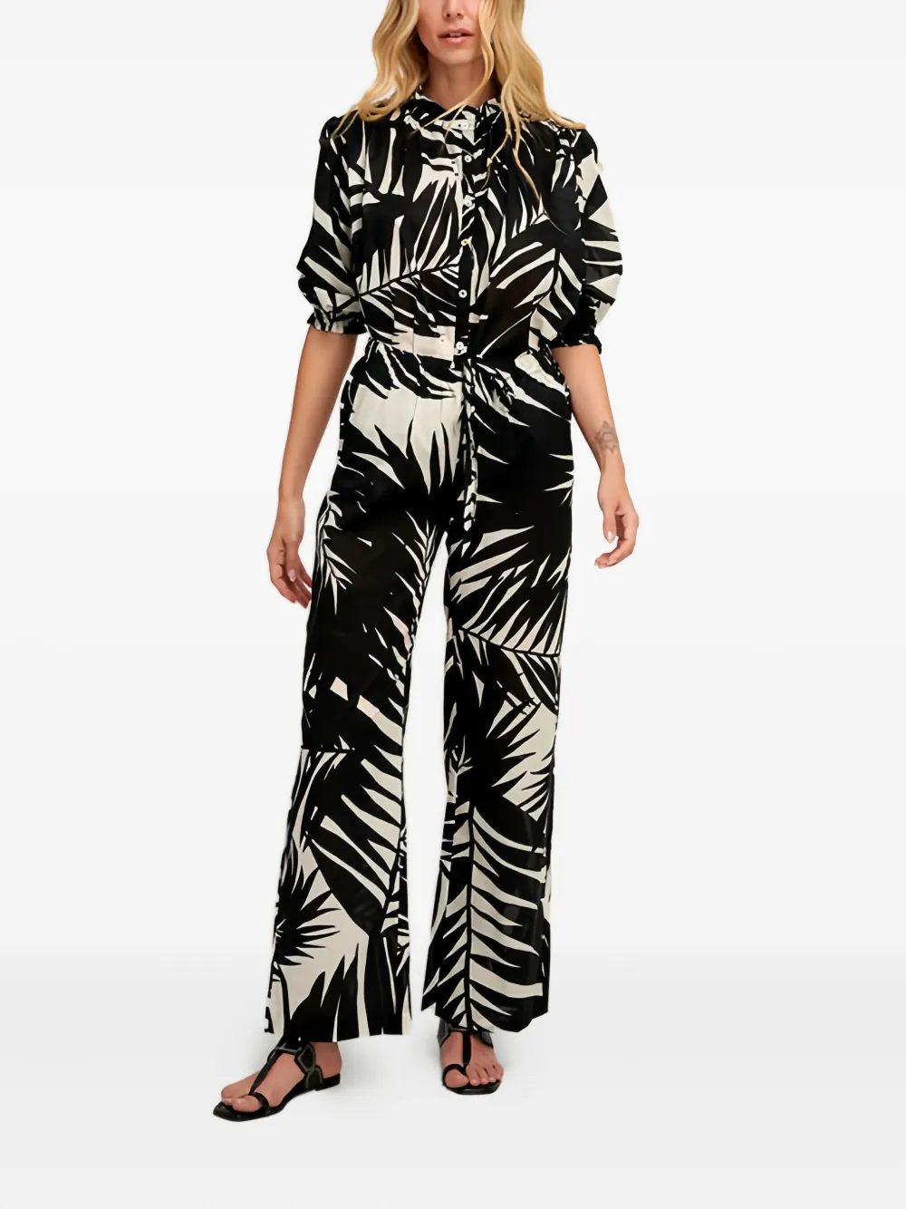 PEARL & CAVIAR Broek met bladerprint - Zwart