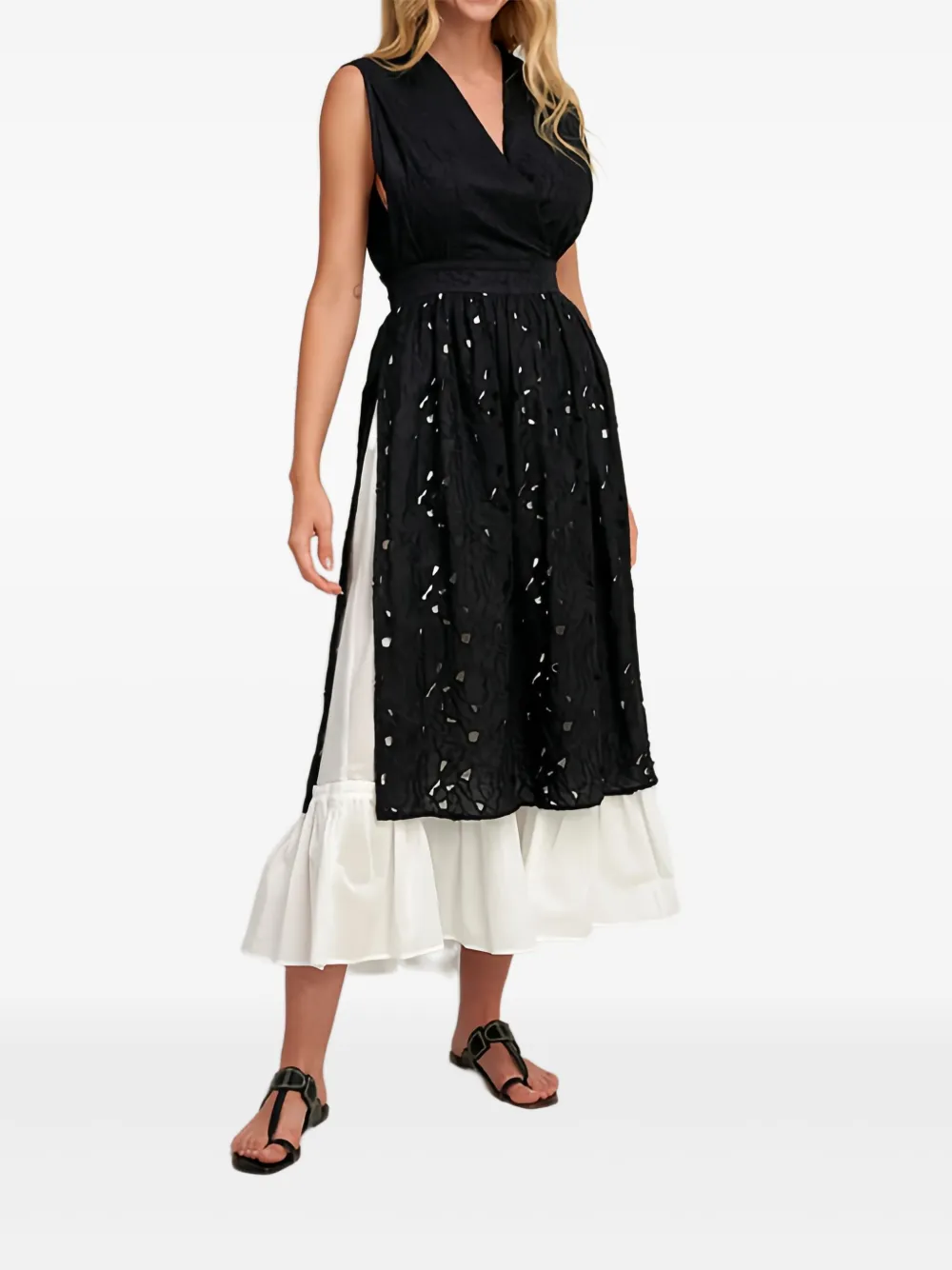 PEARL & CAVIAR Broderie gestrikte midi-jurk - Zwart