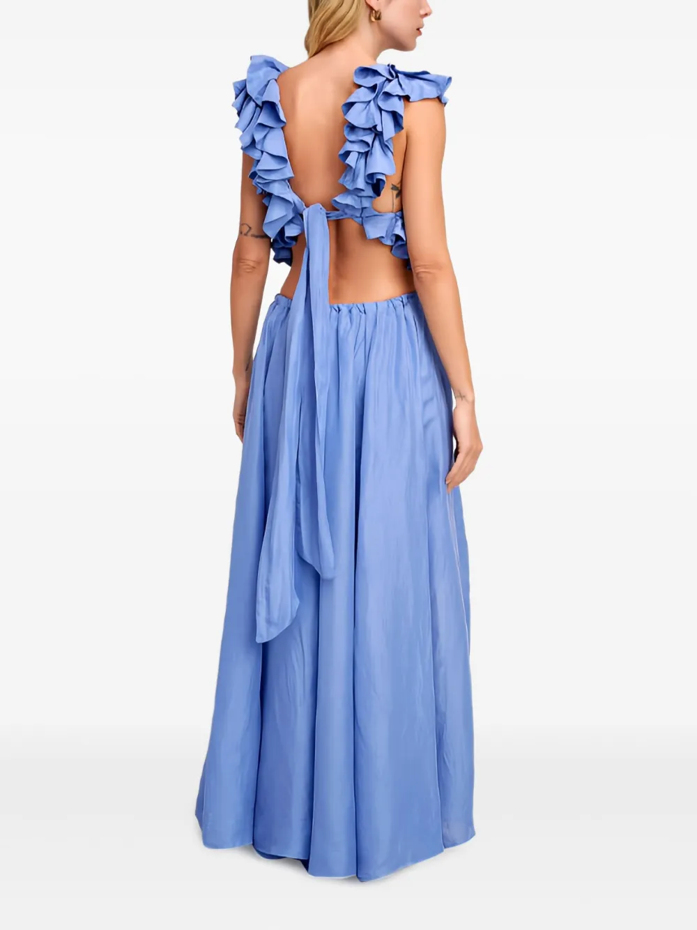 Pearl & Caviar Ruffled Cut-out Maxi Dress In Blue