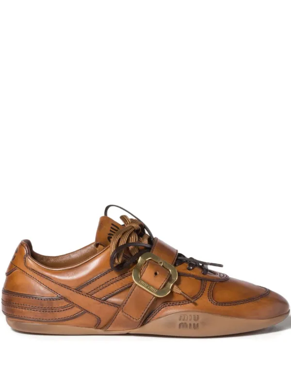 靴/バッグ Miu Miu Buckle Leather Sneakers Brown 37 Miu Miu Gymnasium buckle-strap Leather Sneakers | Brown | FARFETCH