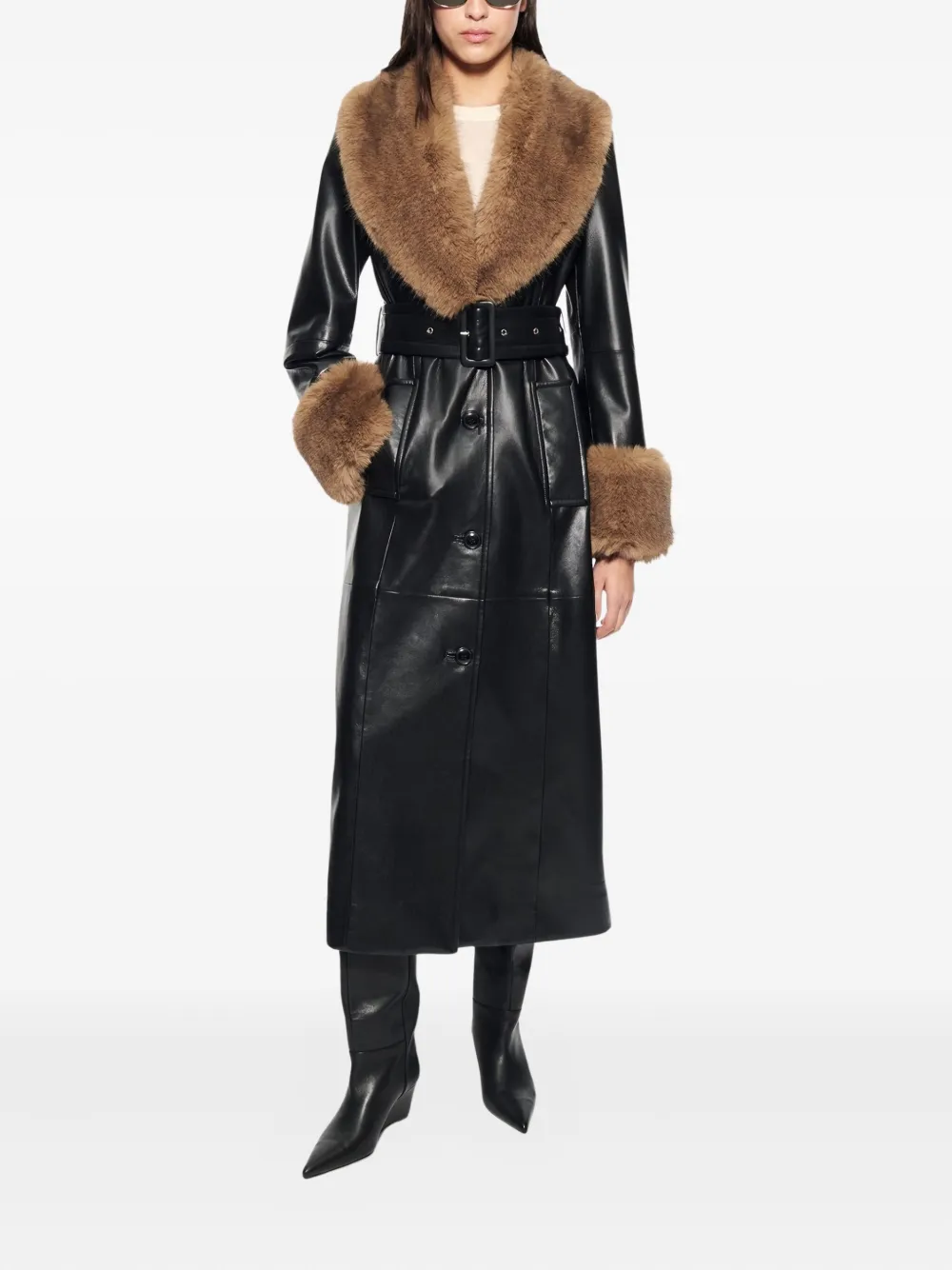 STAND STUDIO faux fur-trim belted coat - Zwart