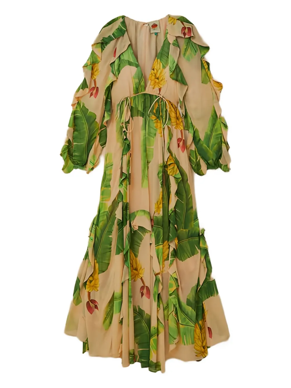Farm Rio Ruffled Banana-print Maxi Dress In Neutral