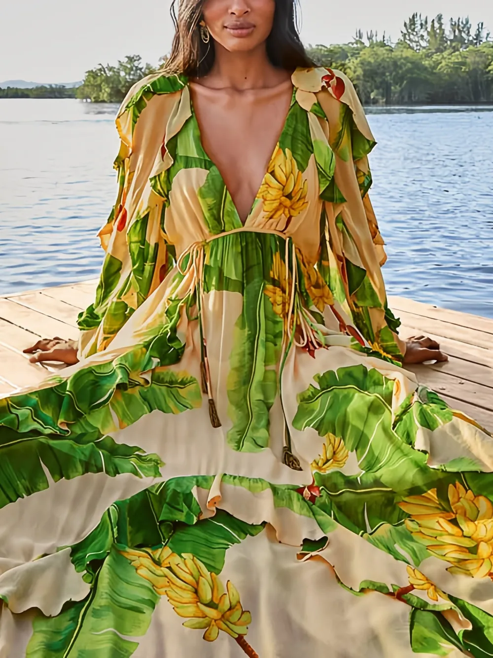Farm Rio Ruffled Banana-print Maxi Dress In Neutral