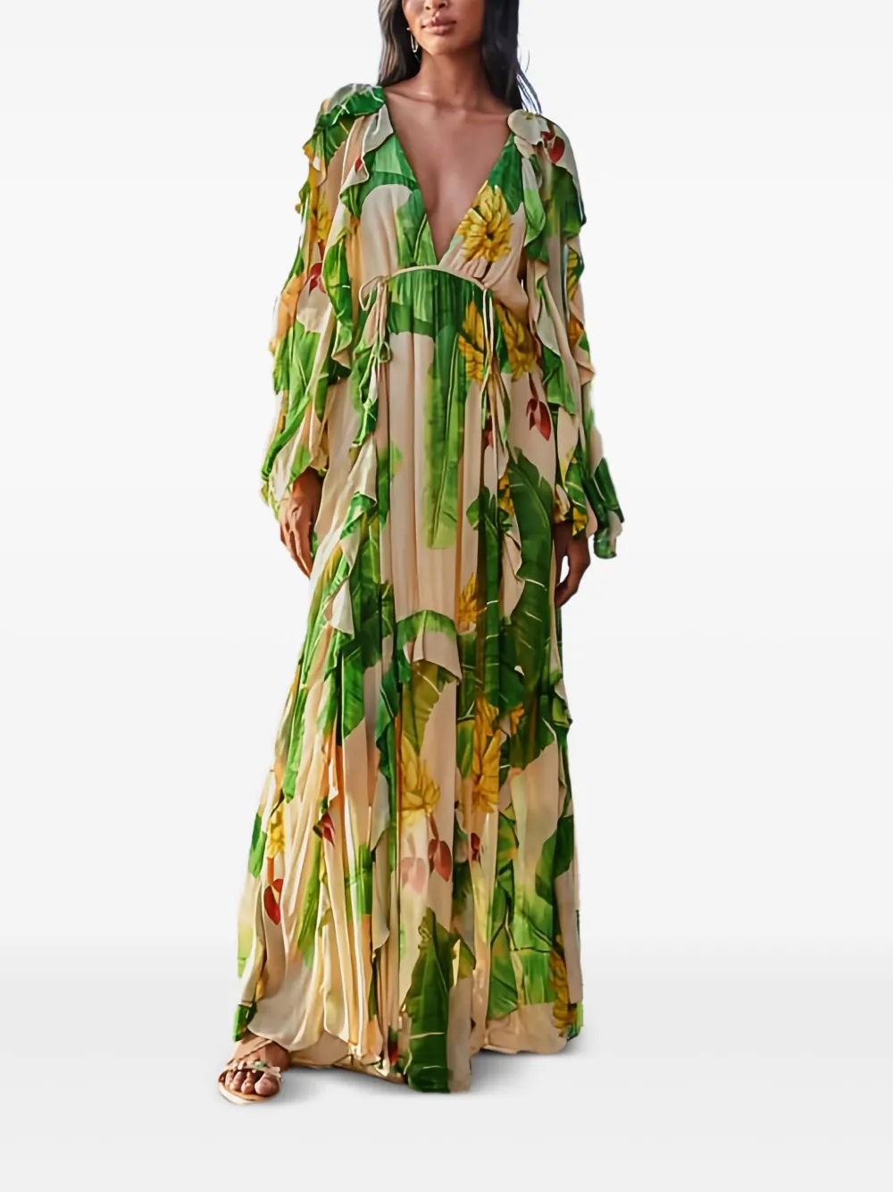 Farm Rio Ruffled Banana-print Maxi Dress In Neutral