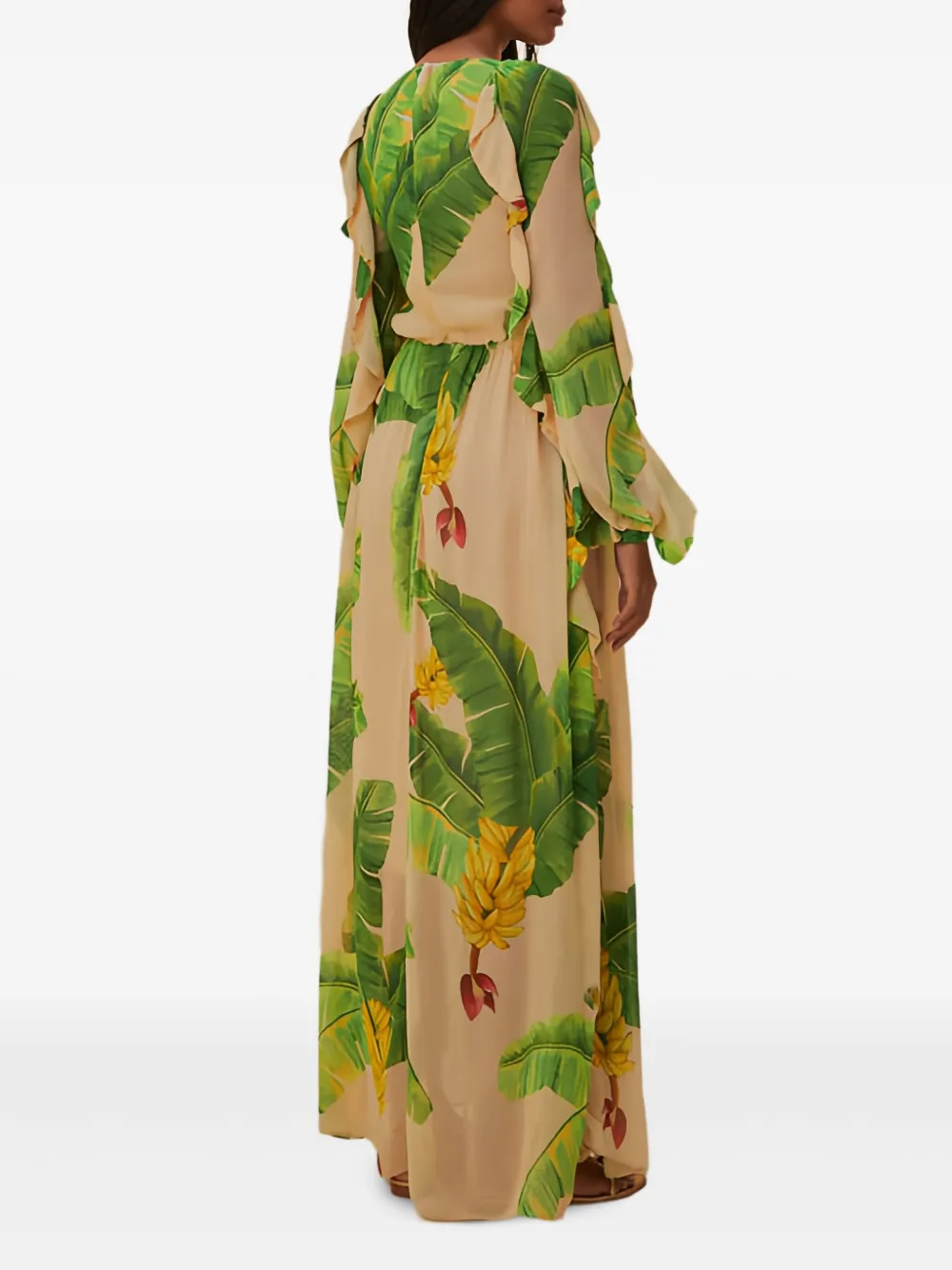 Farm Rio Ruffled Banana-print Maxi Dress In Neutral