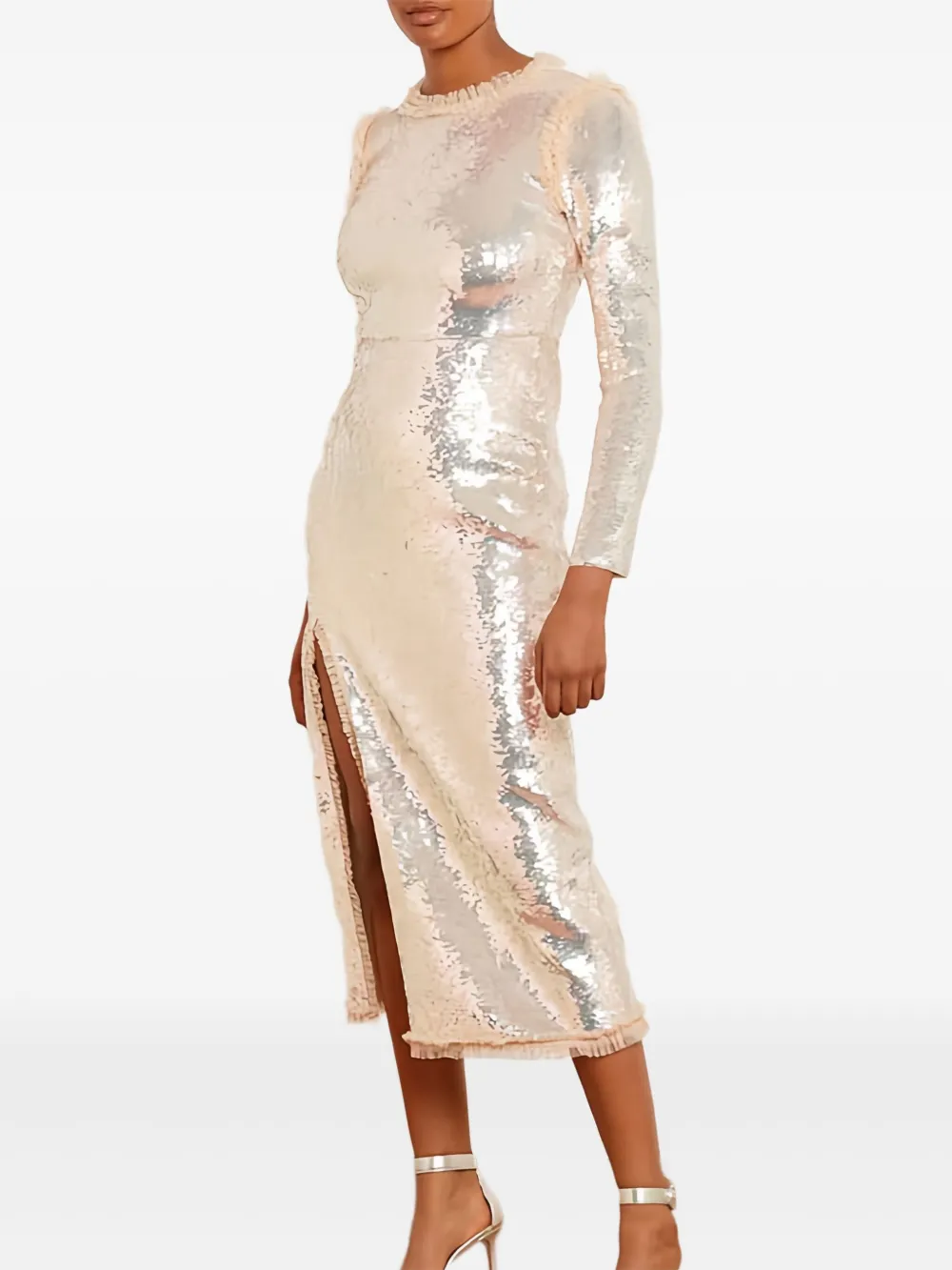 Needle & Thread Valerie Gloss jurk met pailletten en lange mouwen - Beige