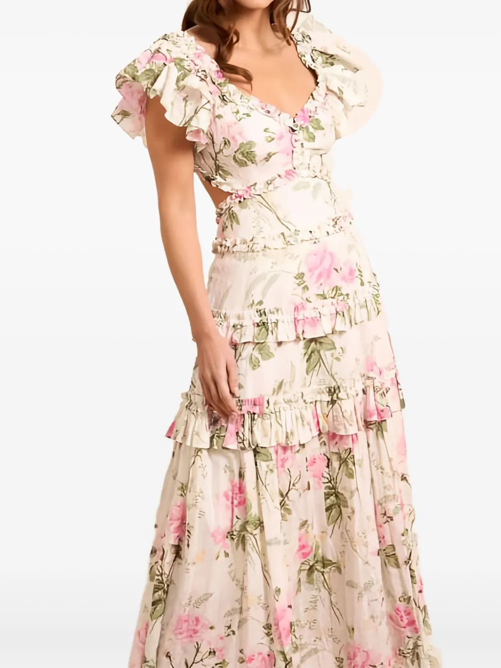 Needle & Thread Rose jurk met ruches en open rug Beige