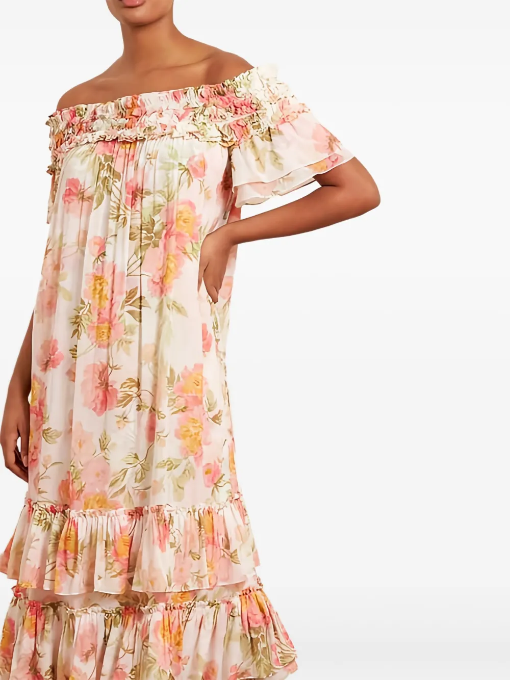 Needle & Thread Peony Promise Chiffon off-shoulder jurk - Wit