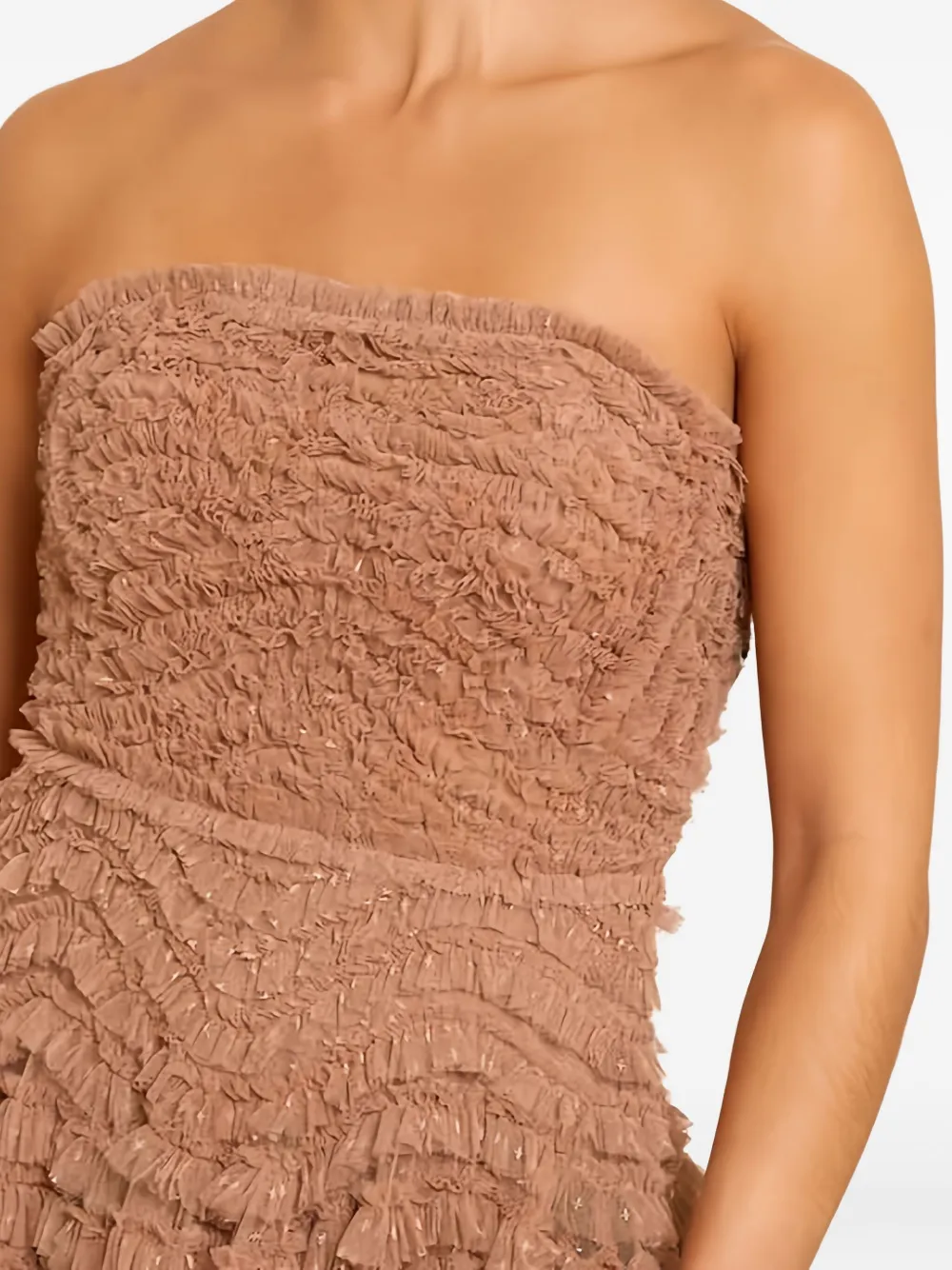 Needle & Thread Hattie Ruffle Strapless Ankle Gown In Brown