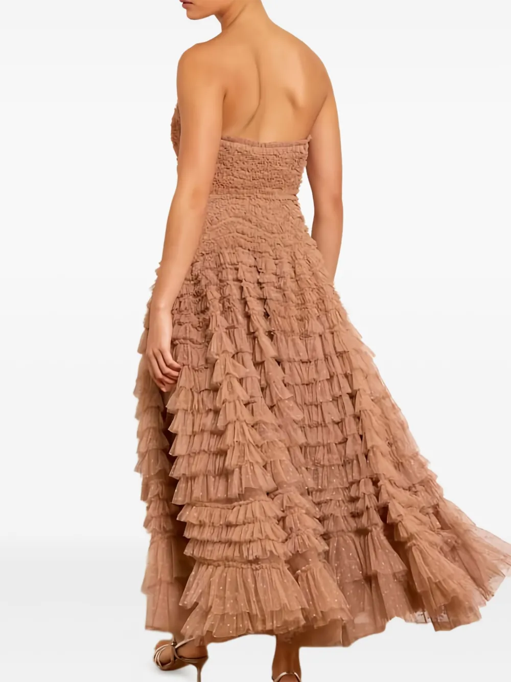 Needle & Thread Hattie Ruffle Strapless Ankle Gown In Brown