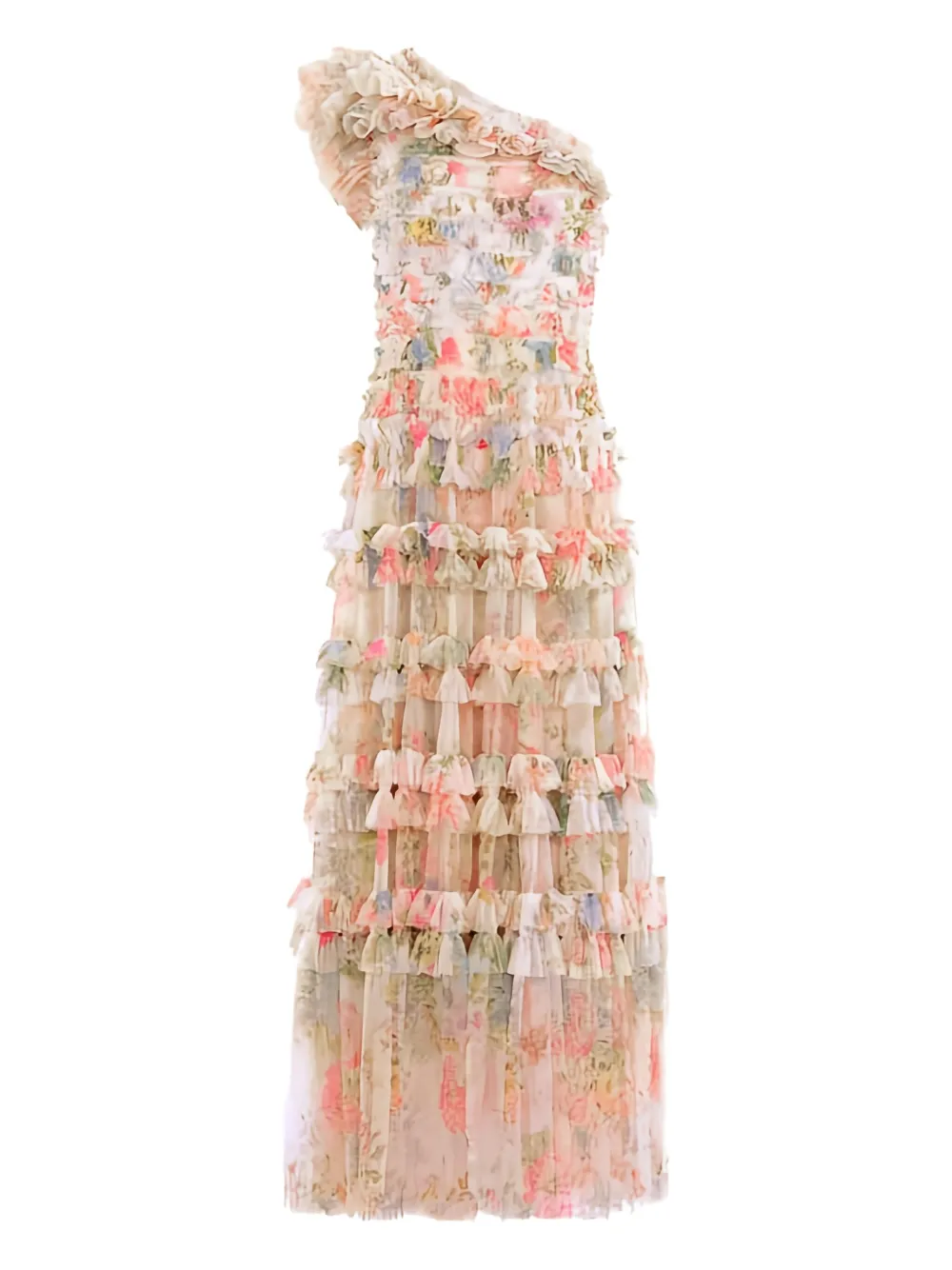 Needle & Thread robe volantée Lisette asymétrique à une épaule | tons neutres | Image 1