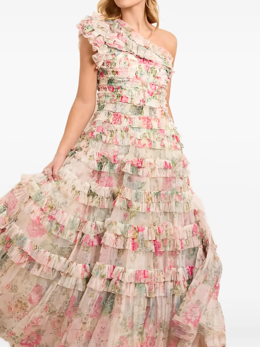 Needle & Thread Lisette asymmetrische jurk met ruches - Beige