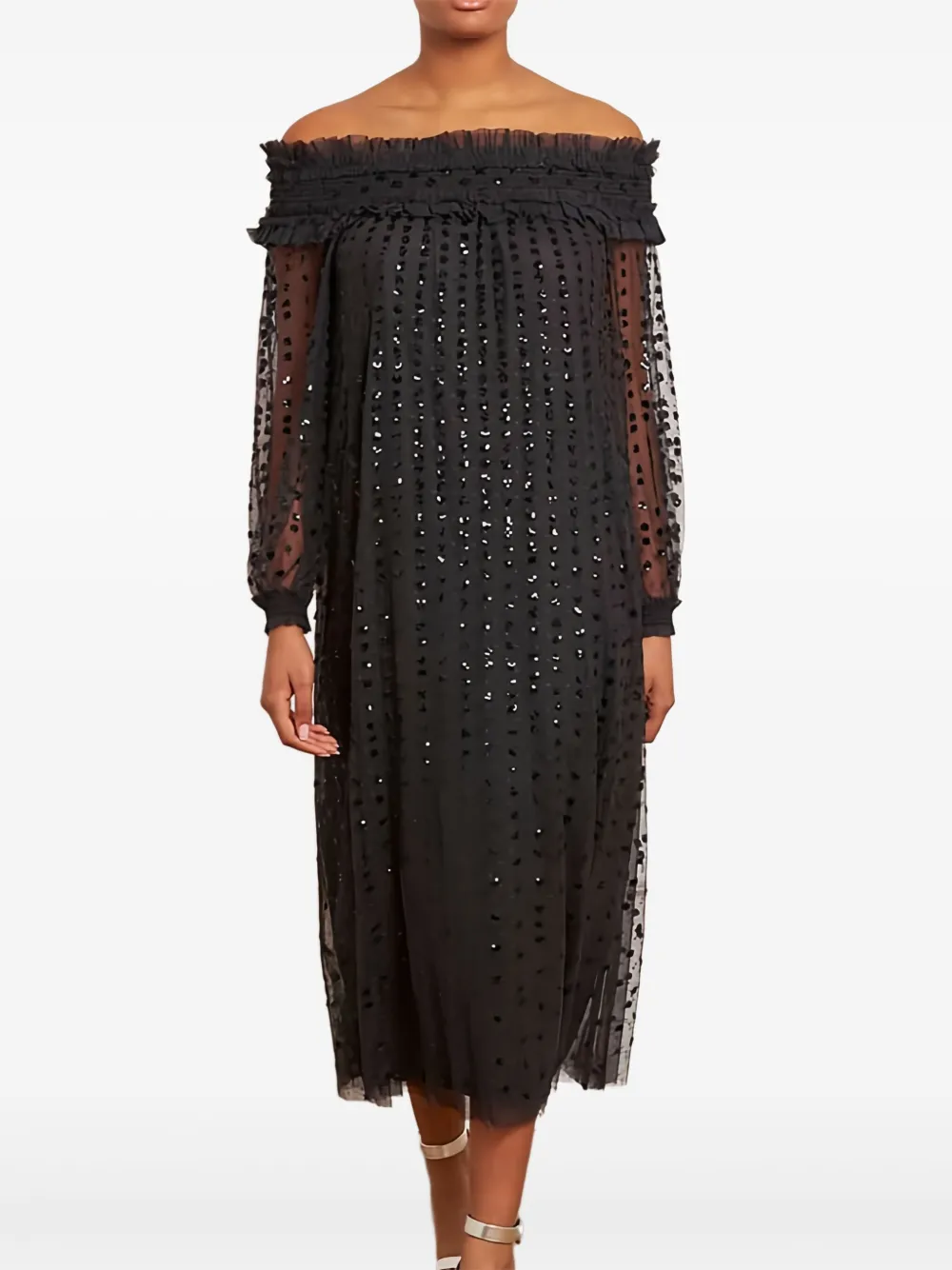 Needle & Thread Raindrop Smocked Off-shoulder Ballerina Ruffled Dress In Black