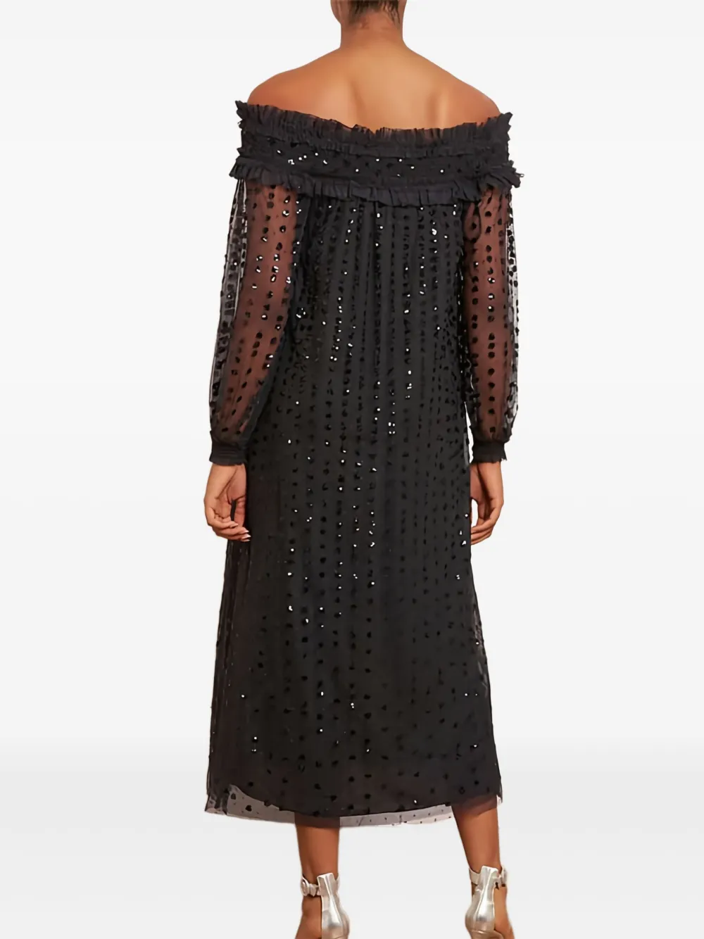 Needle & Thread Raindrop Smocked Off-shoulder Ballerina Ruffled Dress In Black