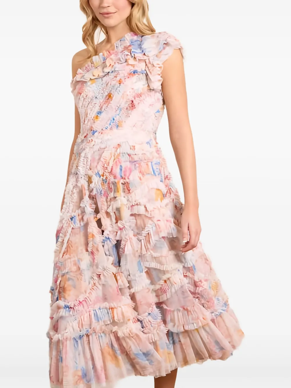 Needle & Thread Mariannes Floral Aaliyah asymmetrische jurk met ruches Roze