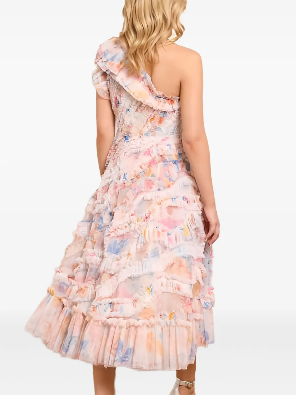 Needle & Thread Mariannes Floral Aaliyah asymmetrische jurk met ruches - Roze